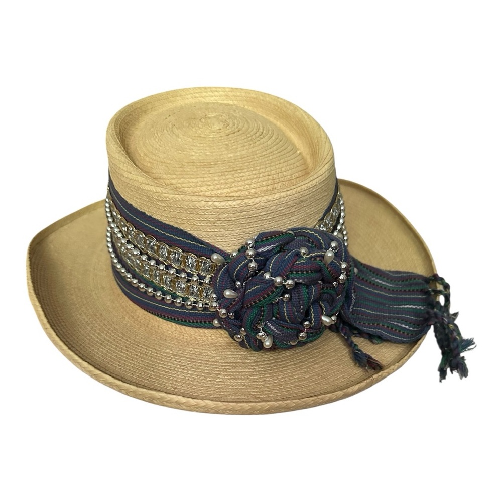 Vintage La Giralda Guatemalan Palm Leaf Hat Beaded Maya Folk Festival Boho Style - Picture 13 of 14